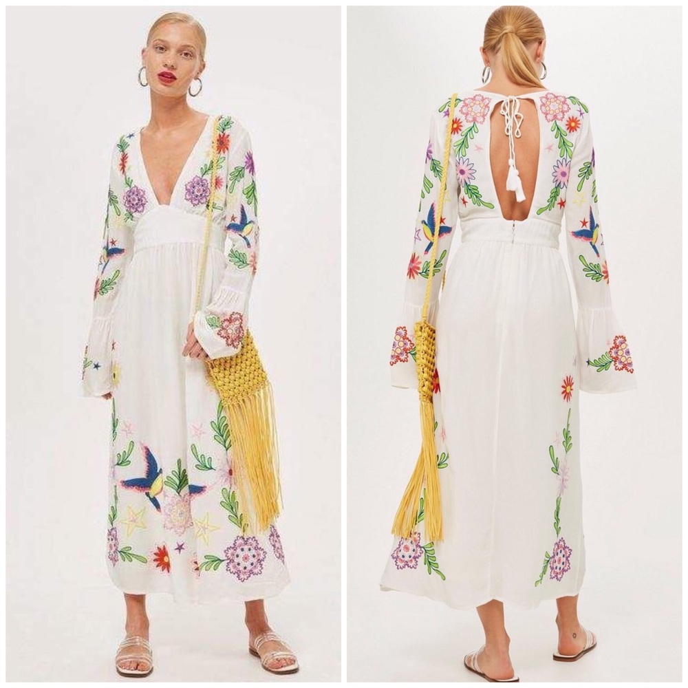 Topshop Embroidered Plunge Bohemian Midi Dress 6